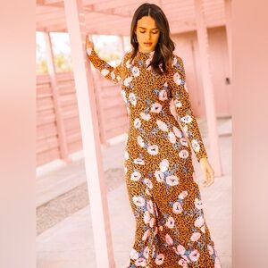 Free People ‘Retro Romance’ Floral Leopard Print Midi Dress Sz M